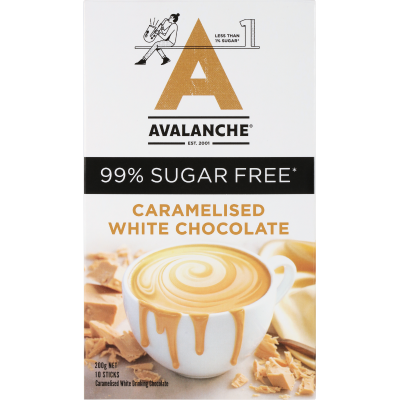 Avalanche 99% Sugar Free Caramelised White Choc Drinking Chocolate Sticks 10 x 20g