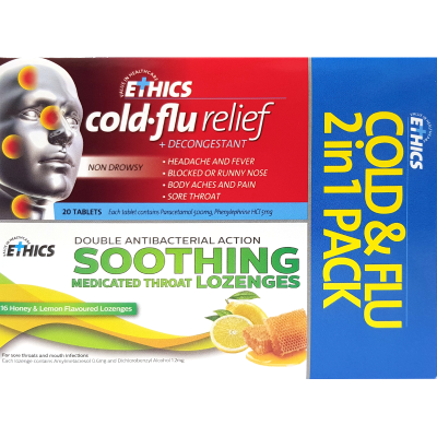 Ethics 2 In 1 Cold & Flu Honey & Lemon Flavoured Lozenges 36pk