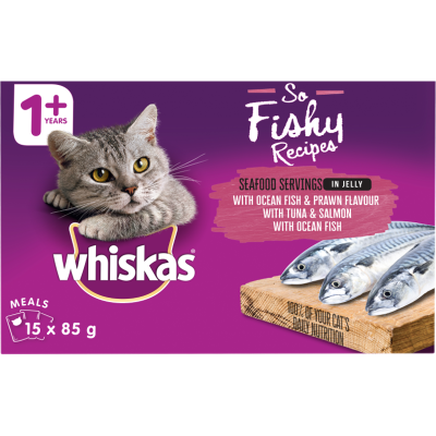 Whiskas So Fishy Recipes Seafood Servings In Jelly Wet Cat Food Pouches 15 x 85g