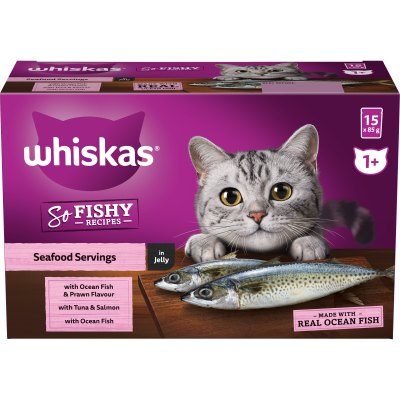 Whiskas So Fishy Recipes Seafood Servings In Jelly Wet Pouches Cat Food 1.275kg