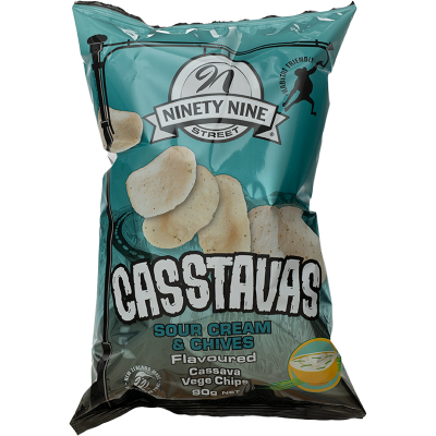 NinetyNine Street Casstavas  Sour Cream & Chives Flavoured Cassava Vege Chips 90g