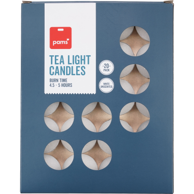 Pams White Unscented Tea Light Candles 20pk