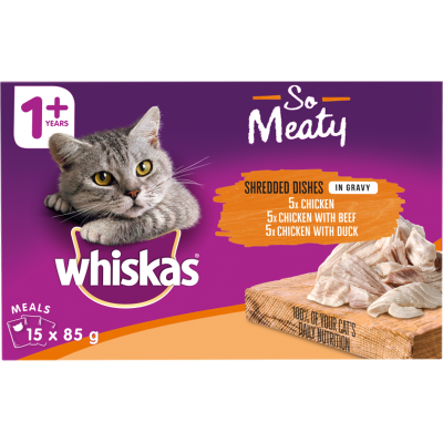 Whiskas So Meaty Shredded Dishes Chicken In Gravy Wet Cat Food Pouches 15 x 85g