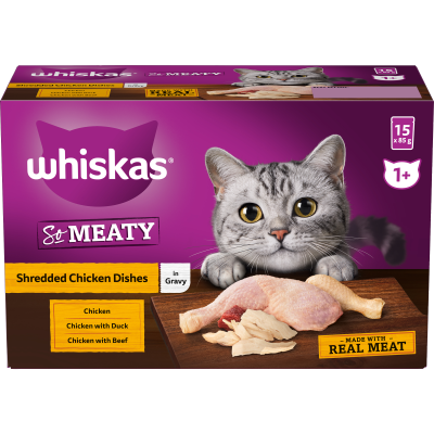 Whiskas So Meaty Shredded Chicken Dishes In Gravy Wet Pouches Cat Food 1.275kg