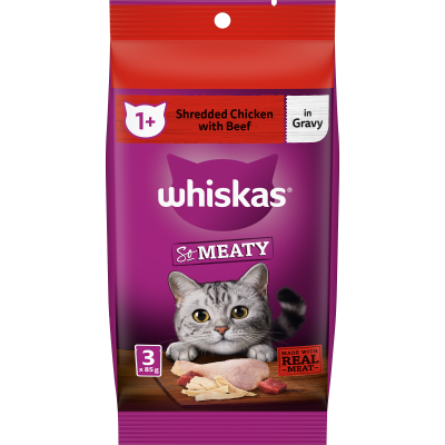 Whiskas So Meaty Shredded Chicken With Beef in Gravy Wet Pouches Cat Food 255g
