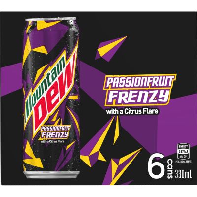 Mountain Dew Passionfruit Frenzy Carbonated Soft Drink 6 x 330ml