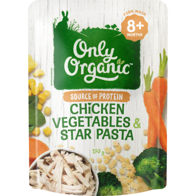 Only Organic Chicken Vegetables & Star Pasta 8+ Months Fork Mash 170g