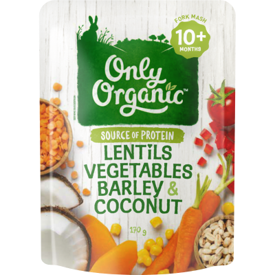 Only Organic Lentils Vegetables Barley & Coconut 10+ Months Fork Mash 170g