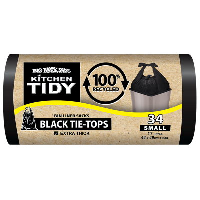 Big Black Sacks Kitchen Tidy Black Tie-Tops 100% Recycled Bin Liner Sacks Small 44 x 49cm 34pk