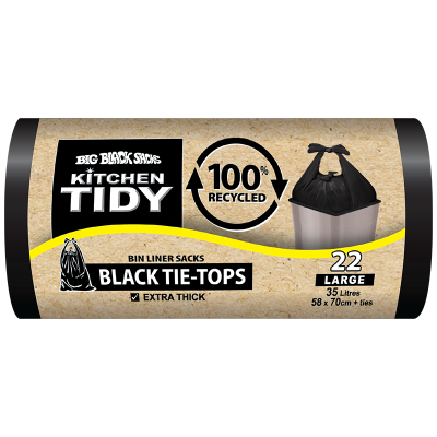 Big Black Sacks Kitchen Tidy Black Tie-Tops 100% Recycled Bin Liner Sacks Large 58 x 70cm 22pk