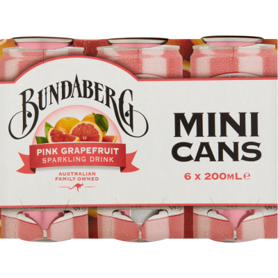 Bundaberg Pink Grapefruit Sparkling Drink Mini Cans 6 x 200ml