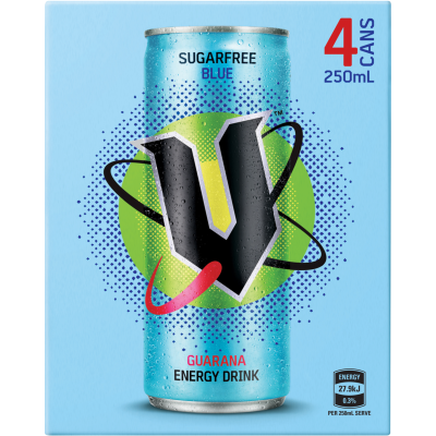 V Sugarfree Blue Guarana Energy Drink 4 x 250ml