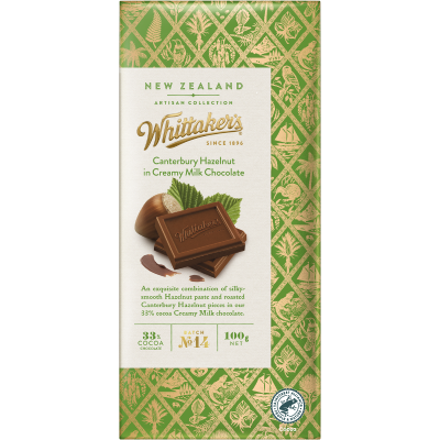 Whittaker's Canterbury Hazelnut In Creamy Milk Chocolate Block 100g