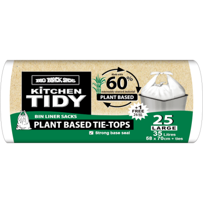 Big Black Sacks Kitchen Tidy Plant Based Tie-Tops Bin Liner Sacks Large 58 x 70cm 35 Litres 25pk