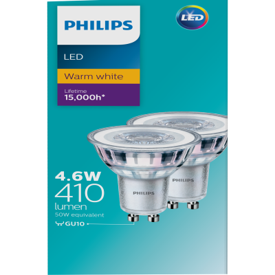 Philips LED Warm White 4.6W 410 Lumen Spot Light 2pk
