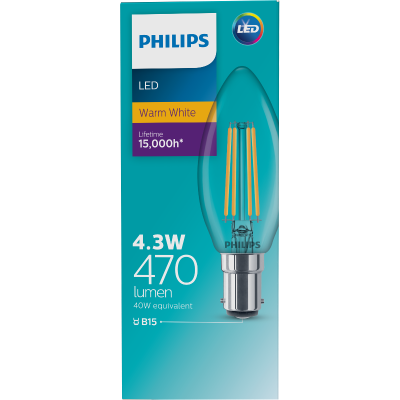 Philips LED Warm White Clear 4.3W 470 Lumen Bayonet Candle Bulb 1pk