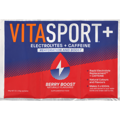Vitasport Plus Electrolytes + Caffeine Berry Boost Electrolyte Drink Base 3 x 33g