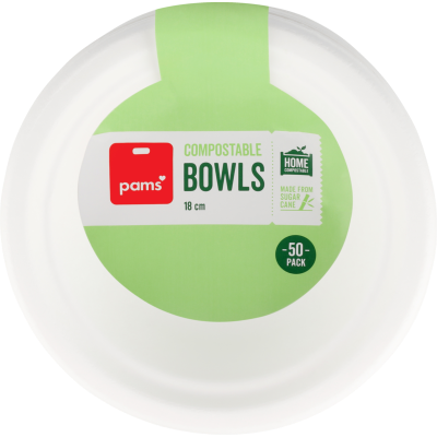 Pams Sugarcane Compostable Bowls 18cm 50pk