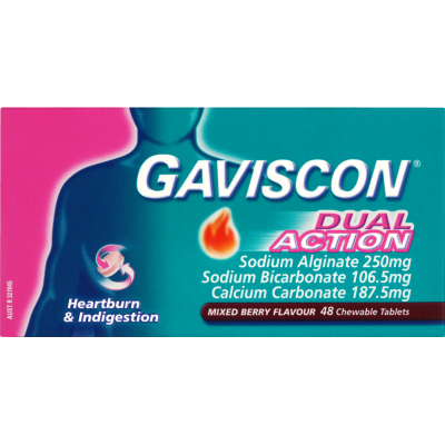 Gaviscon Dual Action Mixed Berry Heartburn & Indigestion Relief Chewable Tablets 48pk