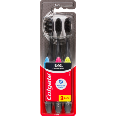 Colgate 360 Charcoal Spiral Soft Toothbrush 3pk