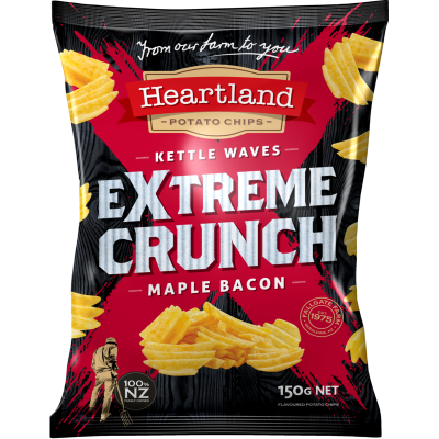 Heartland Extreme Crunch Maple Bacon Kettle Waves Potato Chips 150g