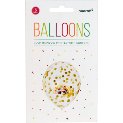 Hoorah Rainbow Printed With Confetti Balloon 3pk