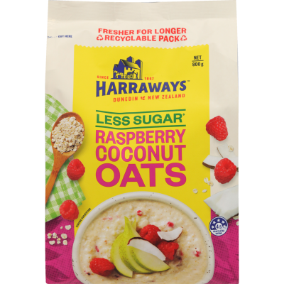 Harraways Less Sugar Raspberry Coconut Oats 800g