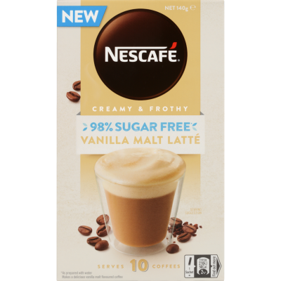 Nescafe 98% Sugar Free Vanilla Malt Latte Coffee Sachets 10 x 14g