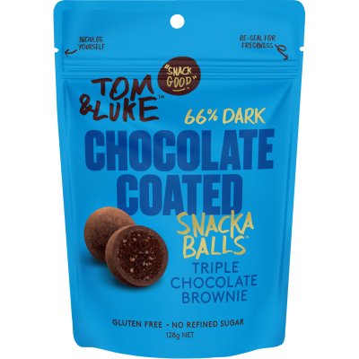 Tom & Luke Triple Chocolate Brownie Choc 66% Dark Chocolate Coated Snackaballs 128g