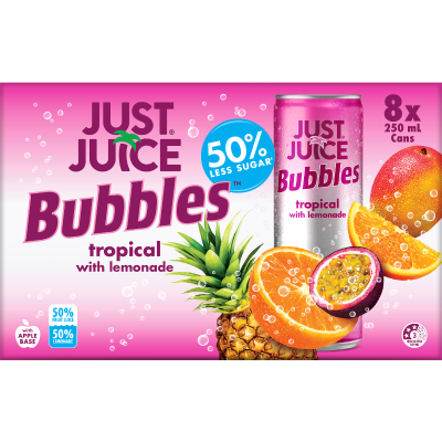 Just Juice Bubbles Tropical Lemonade 50% Less Carbonated Fruit Drink 8 x 250ml