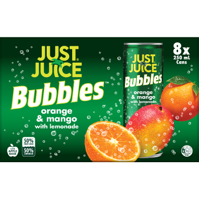 Just Juice Bubbles Orange Mango Lemonade Carbonated Fruit Drink 8 x 250ml