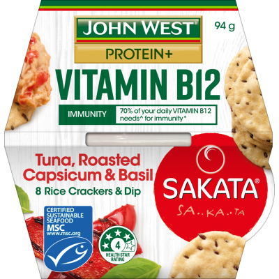 John West Protein + Tuna Roasted Capsicum & Basil Dip With Rice Crackers 94g