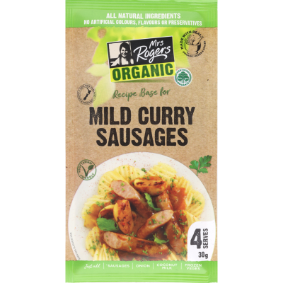 Mrs Rogers Organic Mild Curry Sausages Recipe Base 30g