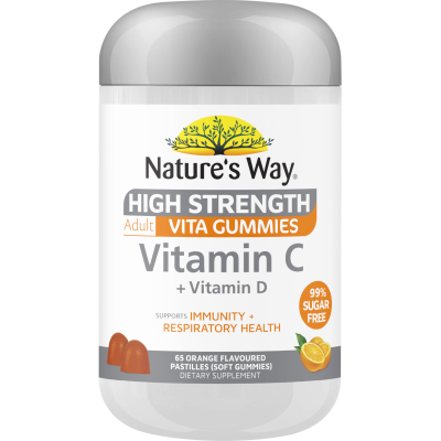 Nature's Way High Strength Vitamin C + Vitamin D Orange Flavoured Adult Vita Gummies 65pk