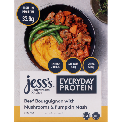 Jess's Underground Kitchen Everyday Protein Beef Bourguignon With Mushrooms & Pumpkin Mash 350g