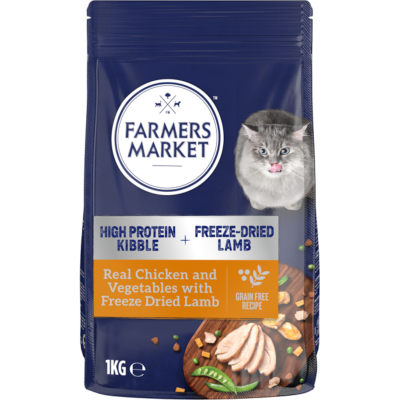 Farmers Market High Protein Kibble Real Chicken and Vegetable + Freeze Dried Lamb Dry Cat Food 1kg