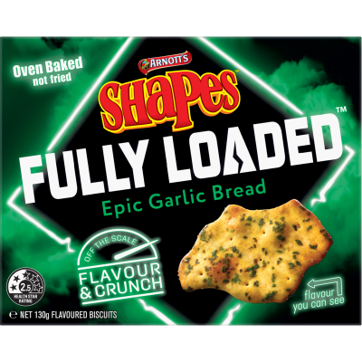 Arnott's Shapes Fully Loaded Epic Garlic Bread Flavoured Biscuits 130g