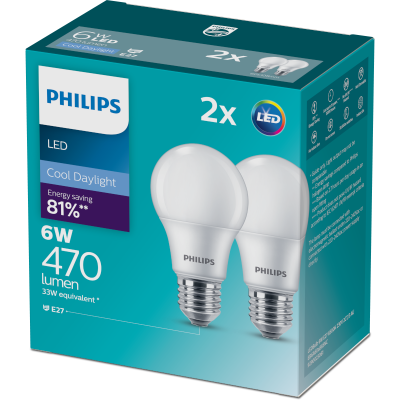 Philips LED Cool Daylight 6W 470 Lumen Screw Bulb 2pk