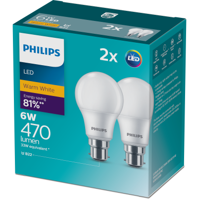 Philips LED Warm White 6W 470 Lumen Bayonet Bulb 2pk