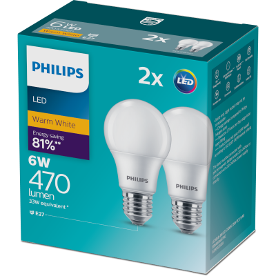 Philips LED Warm White 6W 470 Lumen Screw Bulb 2pk
