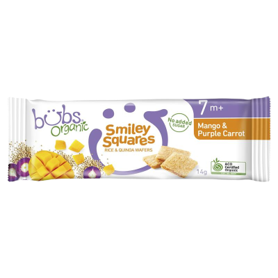 Bubs Organic Mango & Purple Carrot Smiley Squares Rice & Quinoa Wafers 7+ Months 14g