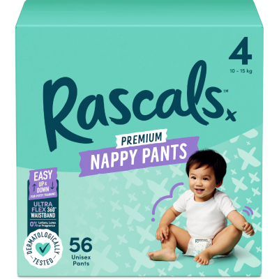 Rascals Premium Nappy Pants Unisex Size 4 10-15kg Toddler 56pk
