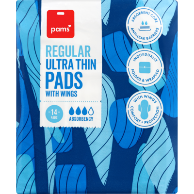 Pams Regular Ultra Thin Pads With Wings 14pk