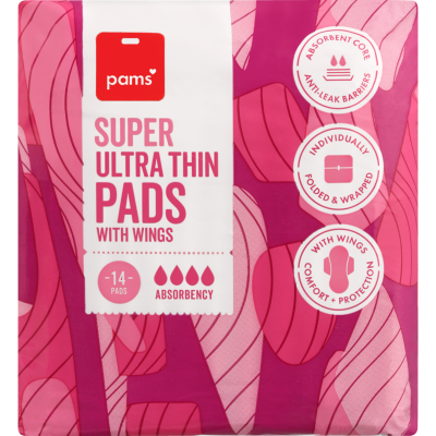 Pams Super Ultra Thin Pads With Wings 14pk