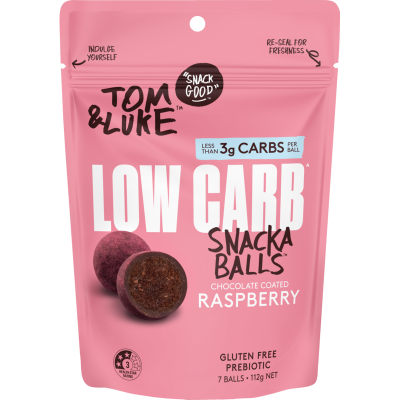 Tom & Luke Chocolate Coated Raspberry Low Carb Snackaballs 112g