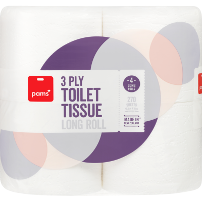 Pams White 3 Ply Long Roll Toilet Tissue 4 x 270 sheets