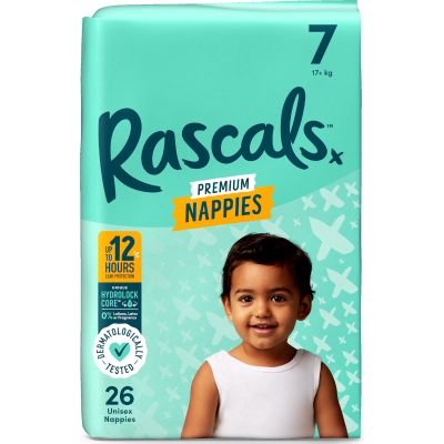 Rascals Premium Nappies Unisex Size 7 17kg+  Junior 26pk
