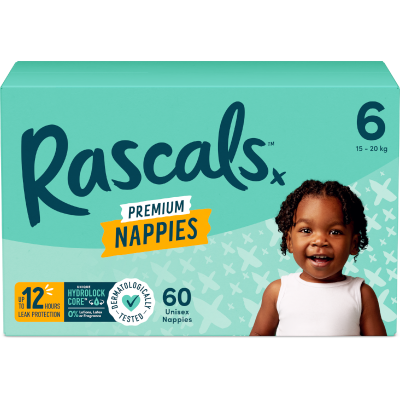 Rascals Premium Nappies Unisex Size 6 15-20kg Junior 60pk