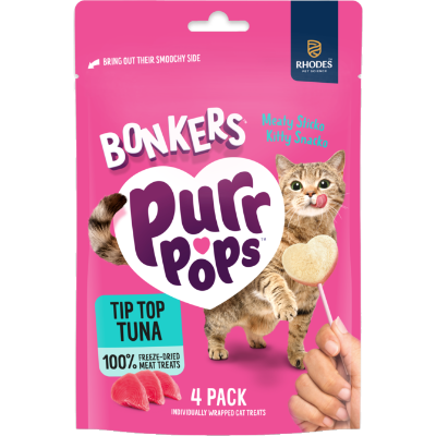 BONKERS Purrpops Freeze Dried Tuna Flavoured Lollipop Cat Treats 4 x 1.4pk