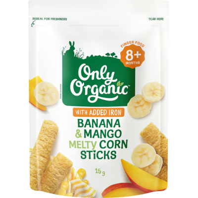 Only Organic Banana & Mango Melty Corn Sticks 8+ Months 15g